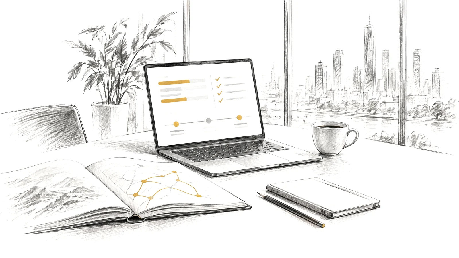 Una mesa de trabajo moderna: un portátil con un panel de avance —barras, lista de verificación y una línea de hitos—, junto a un libro abierto con un mapa de curvas y puntos en oro